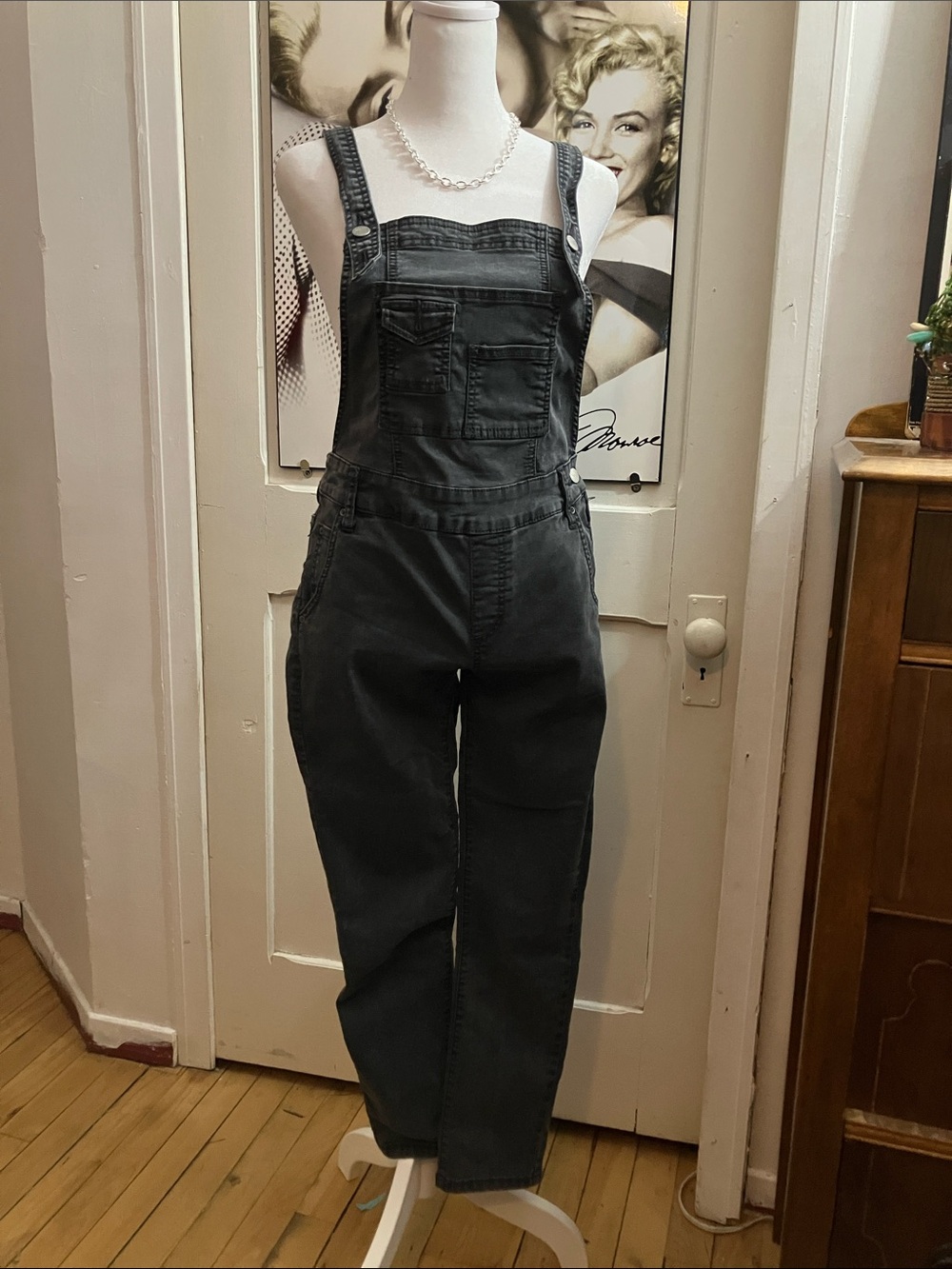 Free People Charcoal Grayor black mineral wash Denim Overall Jumpsuit